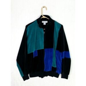 Vintage Women's Westbound Y2K Velour Track Jacket Top Size Large L Black Blue
